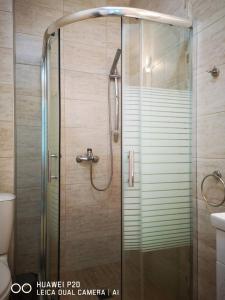 シネモレツにあるSea Life Apartments Sinemoretsのバスルーム(ガラスドア付きのシャワー付)