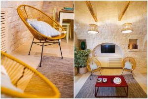 2 fotos de una habitación con silla y sala de estar en Hermanas Relais - trulli luxury en Alberobello