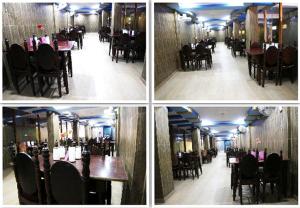 four pictures of a restaurant with tables and chairs at Hotel Holydon in Siliguri