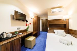 um quarto de hotel com uma cama e uma televisão em Hotel Sanvit Lake Resort & Spa em Okuninka