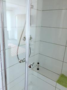 ハイムバッハにあるEifelhof Weinaのバスルーム(ガラスドア付きの白いシャワー付)