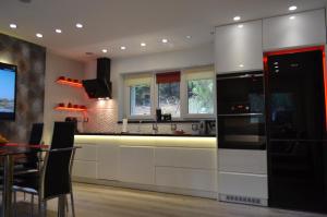 a kitchen with white cabinets and a black refrigerator at Luzik Krynica in Krynica Zdrój