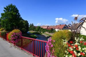a red fence next to a river with flowers at Villa Verdi in Ostheim
