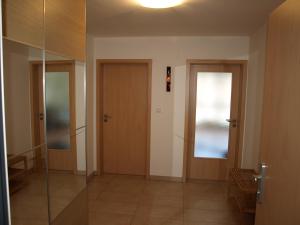 korytarz z dwoma drzwiami i kabiną prysznicową w obiekcie Apartman Self check in/out Vrchlabi w Vrchlabi