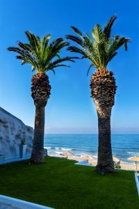two palm trees on a lawn next to the ocean at White Pearl in Makry Gialos
