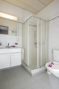 uma casa de banho com um chuveiro, um WC e um lavatório. em Piccolo Hotel em Locarno