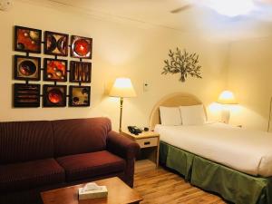 une chambre d'hôtel avec un lit et un canapé dans l'établissement El Dorado Motel, à Twain Harte