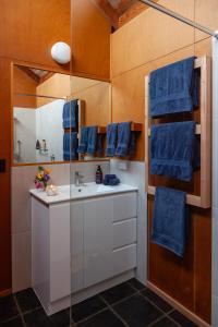 a bathroom with a sink and blue towels at The Burrow at Wombat Bend in Dixons Creek