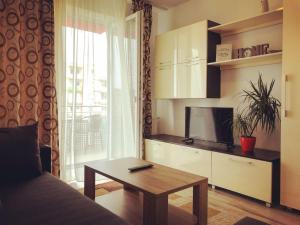 Una sala de estar con un sofá y una mesa de café. en Avantgarden Apart, en Brasov