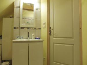 uma casa de banho com um lavatório, um espelho e uma porta em les raseries em La Chapelle-dʼAligné