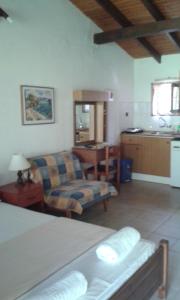 ein Wohnzimmer mit einem Sofa, einem Stuhl und einer Küche in der Unterkunft Joanna's Studios in Lassi