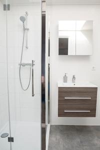 La salle de bains est pourvue d'une douche et d'un lavabo. dans l'établissement Liv Inn, à Hillegom