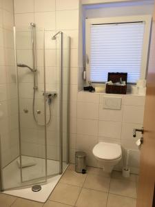a bathroom with a shower and a toilet at Boardinghouse Casita Amann in Friedrichshafen