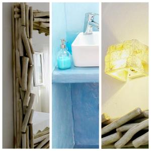 a bathroom with a shelf made out of drift wood at Christina's House in Koufonisia