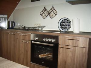 a kitchen with an oven with a pizza inside at Ferienwohnung Bergblick in Trittenheim