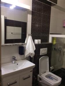 La salle de bains est pourvue de toilettes et d'un lavabo. dans l'établissement Hotel Millenium2, à Prizren