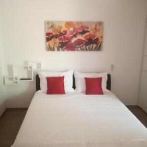 a bed with two red pillows in a room at Apartman Stipe in Jelsa