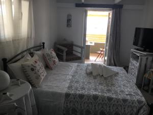 a bedroom with a bed and a television and a window at Ergina Summer Resort in Antiparos