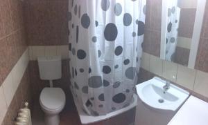 a bathroom with a toilet and a sink and a shower curtain at SepcoServ in Apahida