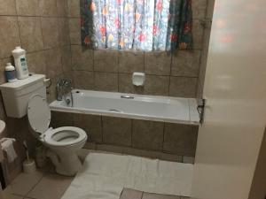 a bathroom with a toilet and a bath tub at Essence of Africa Guesthouse in Windhoek