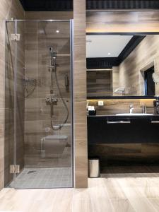 a bathroom with a shower and a toilet and a sink at ASTORIA Boutique Hotel in Bălţi