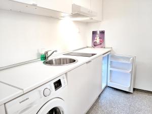 cocina con fregadero y lavadora en Brand new budget apartment next to Iaso and Oaka, en Atenas