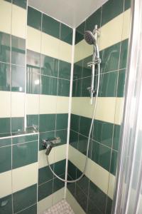 a green and white bathroom with a shower at YMMO 93500 in Pantin