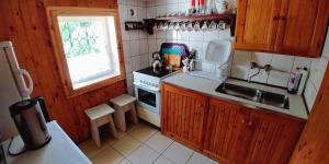 małą kuchnię ze zlewem i kuchenką w obiekcie Domek Schodno w mieście Schodno