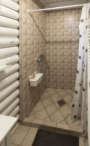 a bathroom with a shower with a sink at Öböl Liget vendégházak in Abádszalók