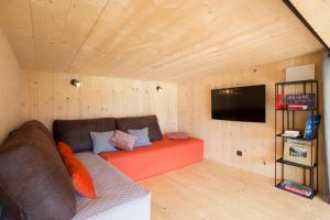 a living room with a couch and a tv at Les Lodges, by Refuges en ville in Bourg-Saint-Maurice +24 photos