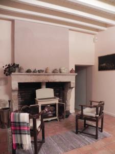 a living room with a fireplace and two chairs at Au Son du Jardin Poitevin in Saint-Laurs