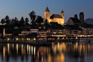 Eine Stadt leuchtete nachts mit einem Schloss in der Unterkunft Privatzimmer 300m zur S-Bahn in Rapperswil-Jona
