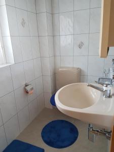 a bathroom with a sink and a toilet and a blue rug at Rest. Beaver Creek Ranch in Rothenthurm