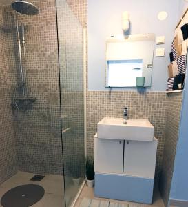 a bathroom with a sink and a shower at Apartments Pirka in Pirovac