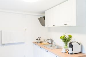 a kitchen with white cabinets and a sink at Apartament Salmopolska5 in Szczyrk