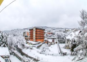 a town covered in snow with a building at SanatoriumnadKryniczanką in Krynica Zdrój