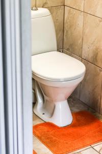 a white toilet in a bathroom with an orange rug at Rotušė in Trakai +94 photos