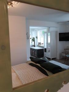 einen Spiegel, der ein Schlafzimmer mit einem Bett und einem TV reflektiert in der Unterkunft Pletna Lake View Apartment (Ground Floor) in Bled