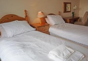 sypialnia z 2 łóżkami i lampką na stole w obiekcie Kilkee Holiday Homes (GF - Sleeps 5) w mieście Kilkee