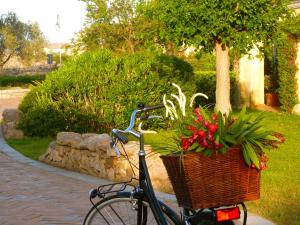 Una bicicleta con una cesta llena de flores en una acera en Il Borgo Appartamenti by KasaVacanze, en Porto San Paolo