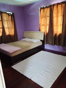 two beds in a room with purple walls and curtains at Almeera Homestay kundasang in Kundasang