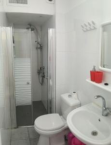 a bathroom with a toilet and a shower and a sink at Beachfront Studio Apartment Bat Yam 412 in Bat Yam