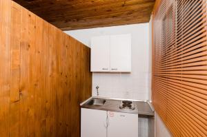 a kitchen with wooden walls and a sink and a counter at Villa Peragic in Molunat