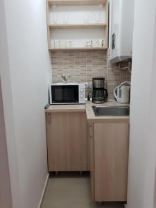 a small kitchen with a microwave and a sink at Studio Central in Piatra Neamţ