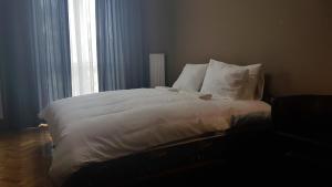 デブレツェンにあるSugár apartmanのベッドルーム(白いシーツと枕付)