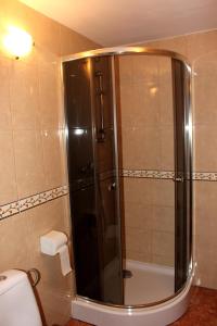 a shower with a glass door in a bathroom at Zawoja Chaty Górskie D3 in Zawoja