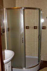 une douche avec une porte en verre à côté d'un lavabo dans l'établissement Zawoja Chaty Górskie D5, à Zawoja