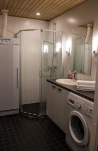 a bathroom with a shower and a washing machine at Vierumäki Chalets 4414 in Vierumäki +23 photos