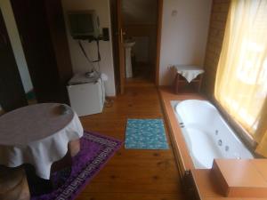 a bathroom with a tub and a table and a television at vila strugurelu hostel in Predeal +49 photos