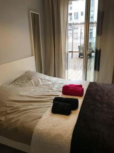 łóżko z dwoma ręcznikami i oknem w obiekcie Apartament nad Odrą z tarasem we Wrocławiu